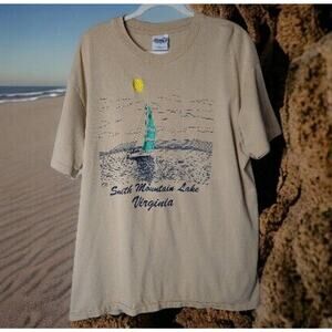 Vtg 90s Virginia XL Tan Teal Sailboat Tee Single Stitch Hanes Beefy-T USA